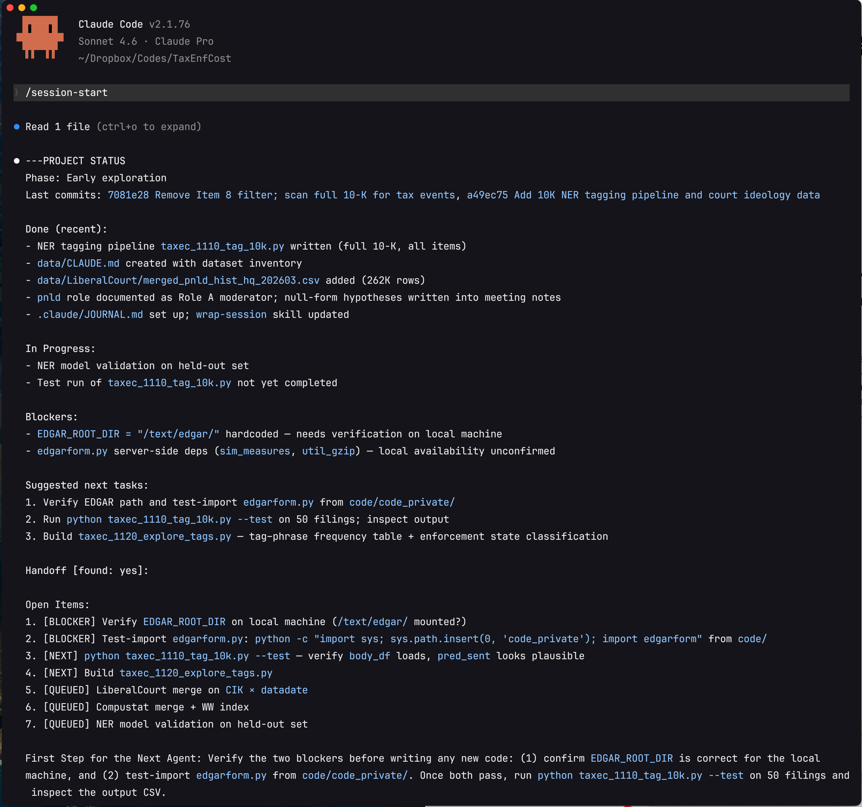 /session-start output from a real research session